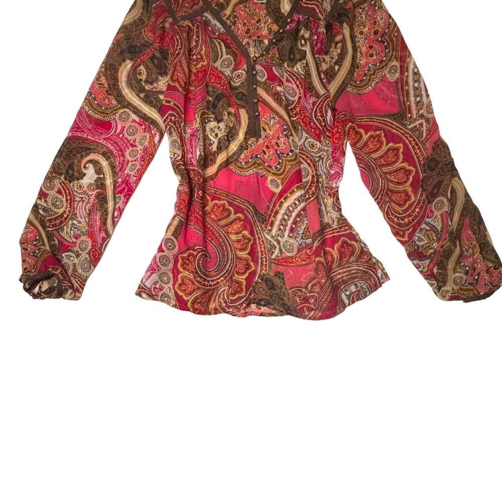Vintage Y2K Paisley Boho Peplum Blouse Flowy Sleeves Pink / Brown